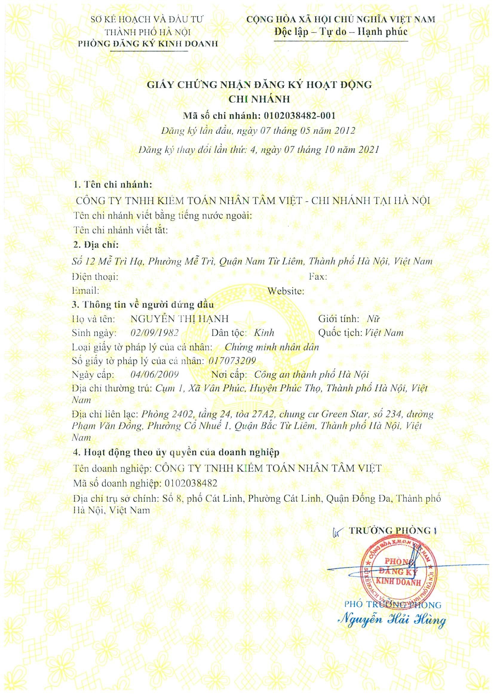 Cập nhật thông tin Báo cáo minh bạch tháng 10/2020 (Thông báo thay đổi địa chỉ kinh doanh của Chi nhánh Hà Nội)